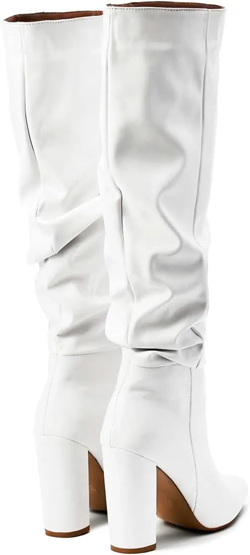 Trendenzy Women's Slouch Knee High Boots Pointed Toe Chunky Heel Long Boots
