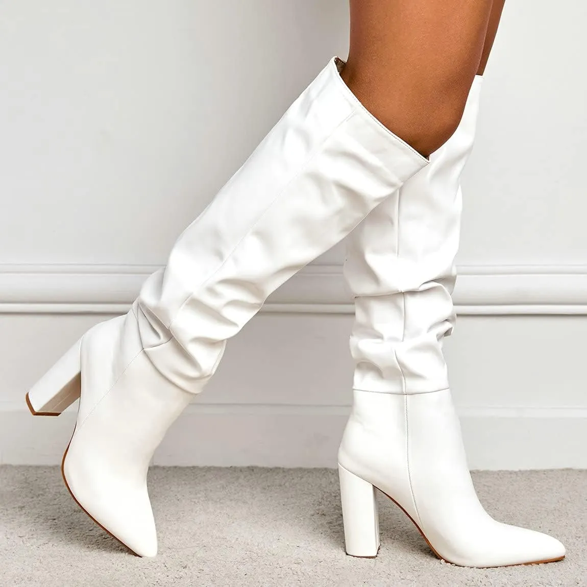 Trendenzy Women's Slouch Knee High Boots Pointed Toe Chunky Heel Long Boots