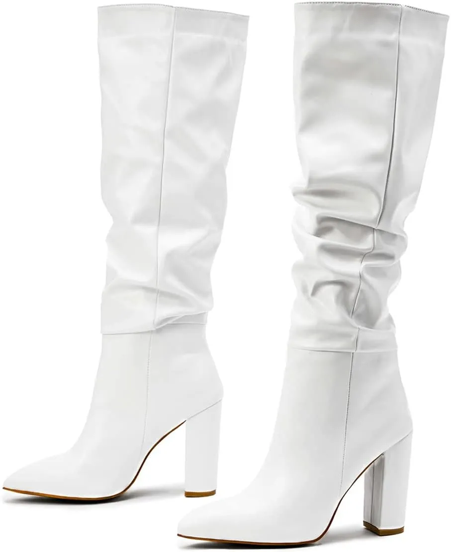 Trendenzy Women's Slouch Knee High Boots Pointed Toe Chunky Heel Long Boots