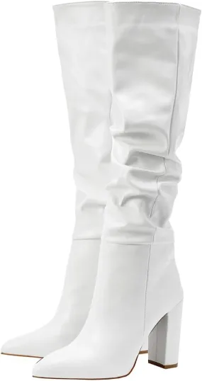 Trendenzy Women's Slouch Knee High Boots Pointed Toe Chunky Heel Long Boots