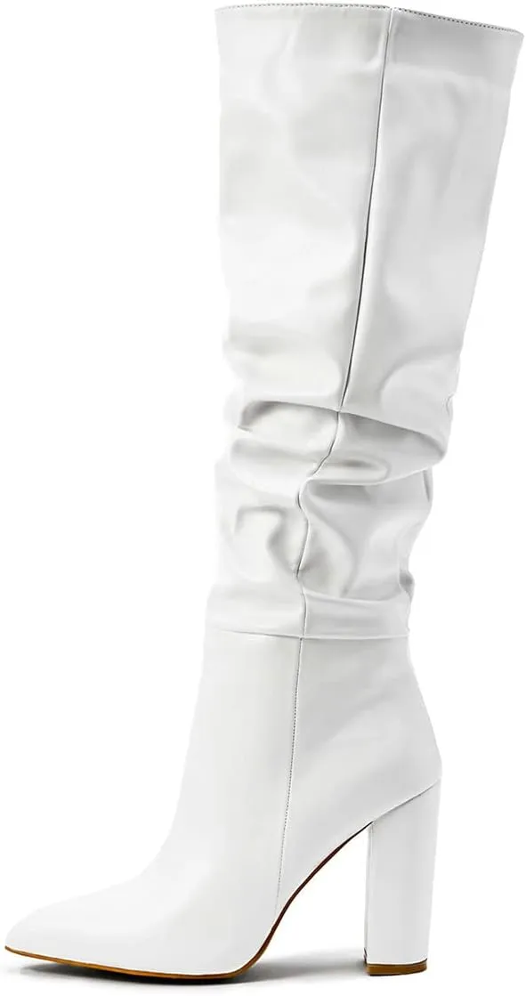 Trendenzy Women's Slouch Knee High Boots Pointed Toe Chunky Heel Long Boots