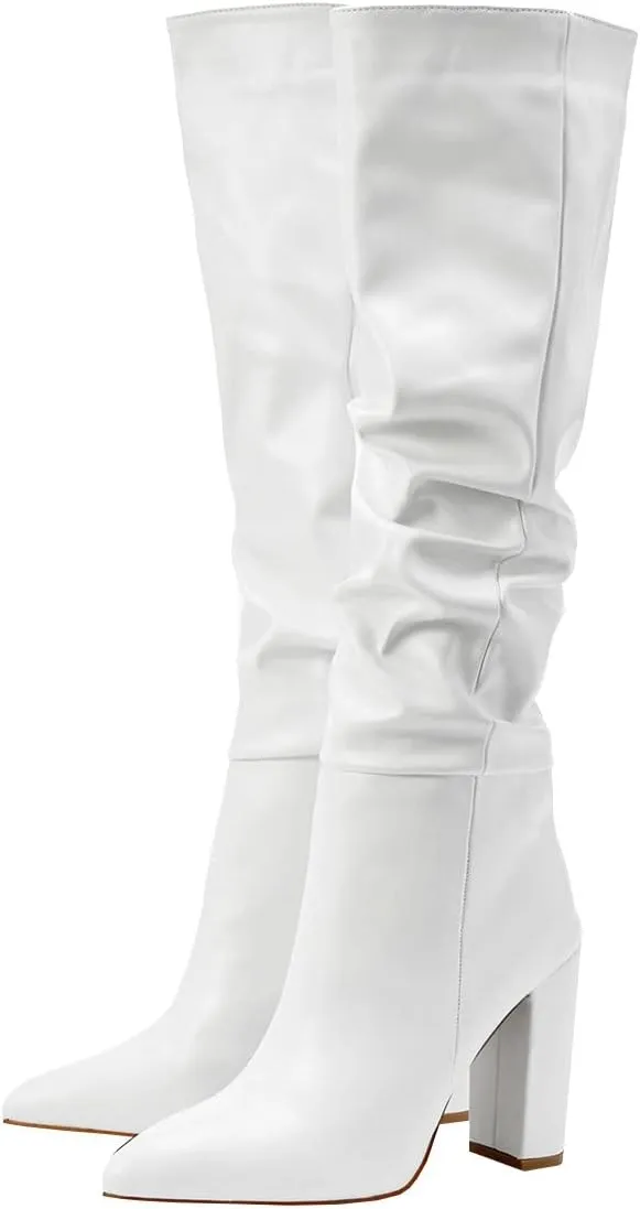 Trendenzy Women's Slouch Knee High Boots Pointed Toe Chunky Heel Long Boots