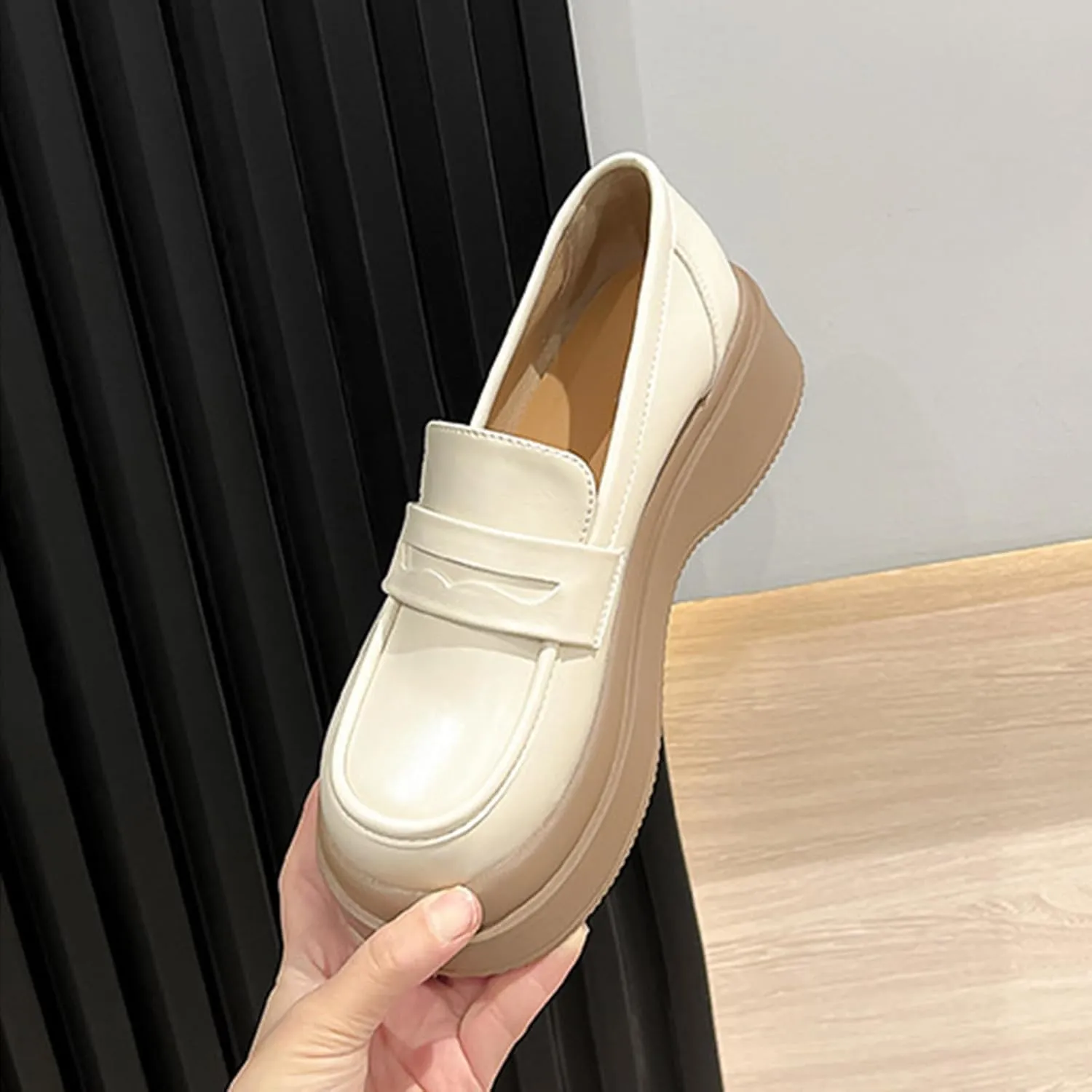 Women's Chunky Platform Loafers for Business/Casual Office Work - Autumn White Leather Thick Sole Single Shoes with Lace-up,Beige-37