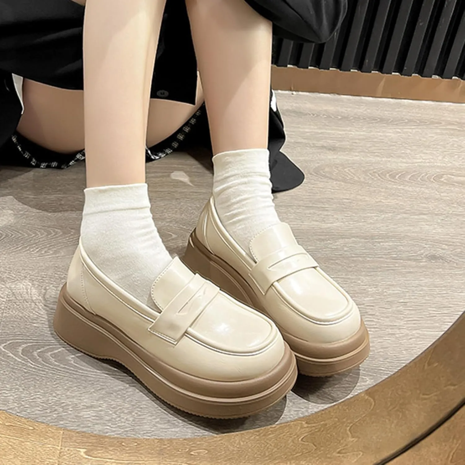 Women's Chunky Platform Loafers for Business/Casual Office Work - Autumn White Leather Thick Sole Single Shoes with Lace-up,Beige-37