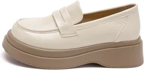 Women's Chunky Platform Loafers for Business/Casual Office Work - Autumn White Leather Thick Sole Single Shoes with Lace-up,Beige-37