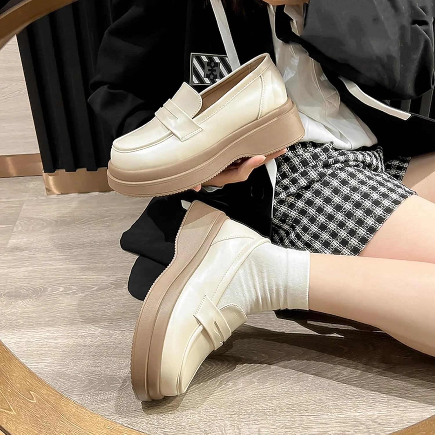 Women's Chunky Platform Loafers for Business/Casual Office Work - Autumn White Leather Thick Sole Single Shoes with Lace-up,Beige-37