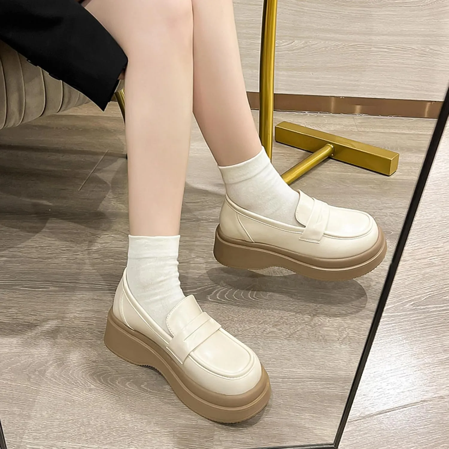 Women's Chunky Platform Loafers for Business/Casual Office Work - Autumn White Leather Thick Sole Single Shoes with Lace-up,Beige-37