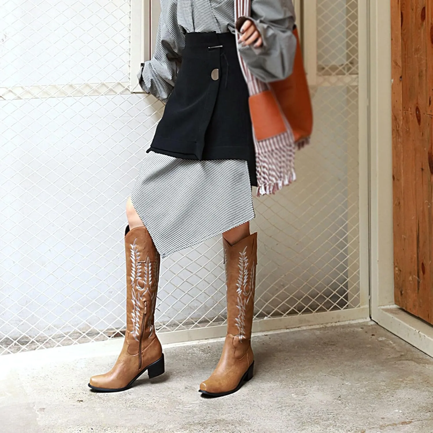 Womens Cowgirl Knee High Boots Chunky Mid Heel Long Boots Square Toe Western Cowboy Boots