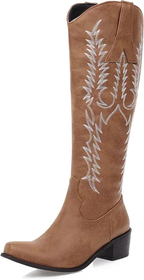 Womens Cowgirl Knee High Boots Chunky Mid Heel Long Boots Square Toe Western Cowboy Boots