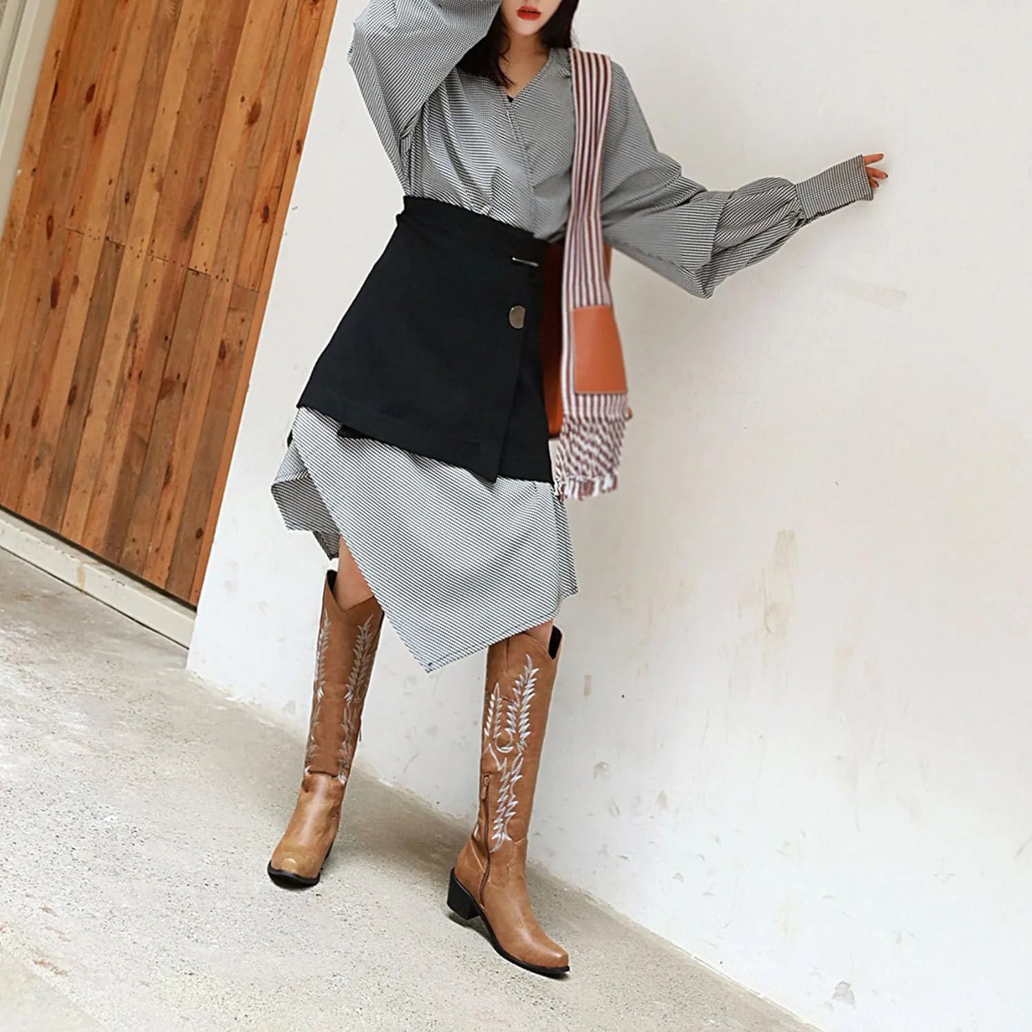 Womens Cowgirl Knee High Boots Chunky Mid Heel Long Boots Square Toe Western Cowboy Boots