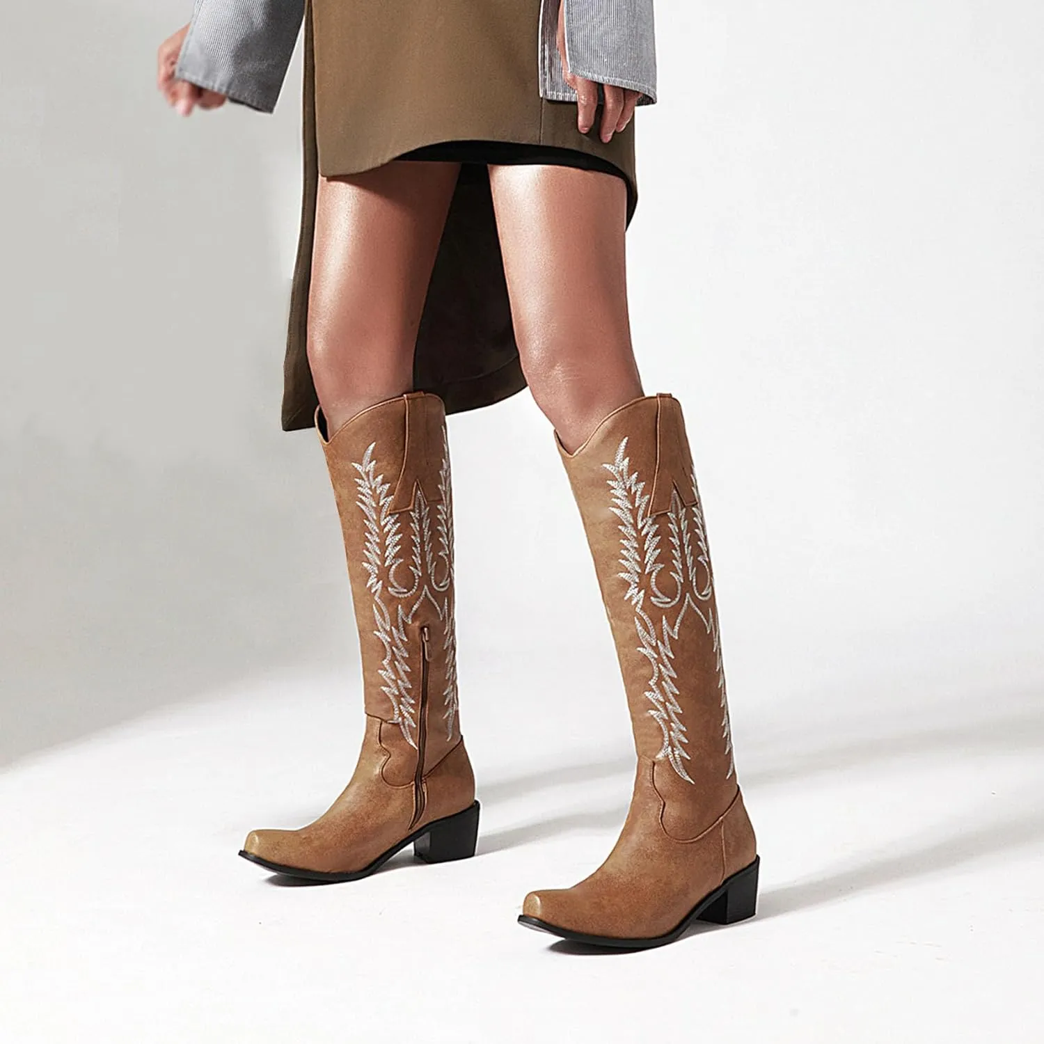 Womens Cowgirl Knee High Boots Chunky Mid Heel Long Boots Square Toe Western Cowboy Boots