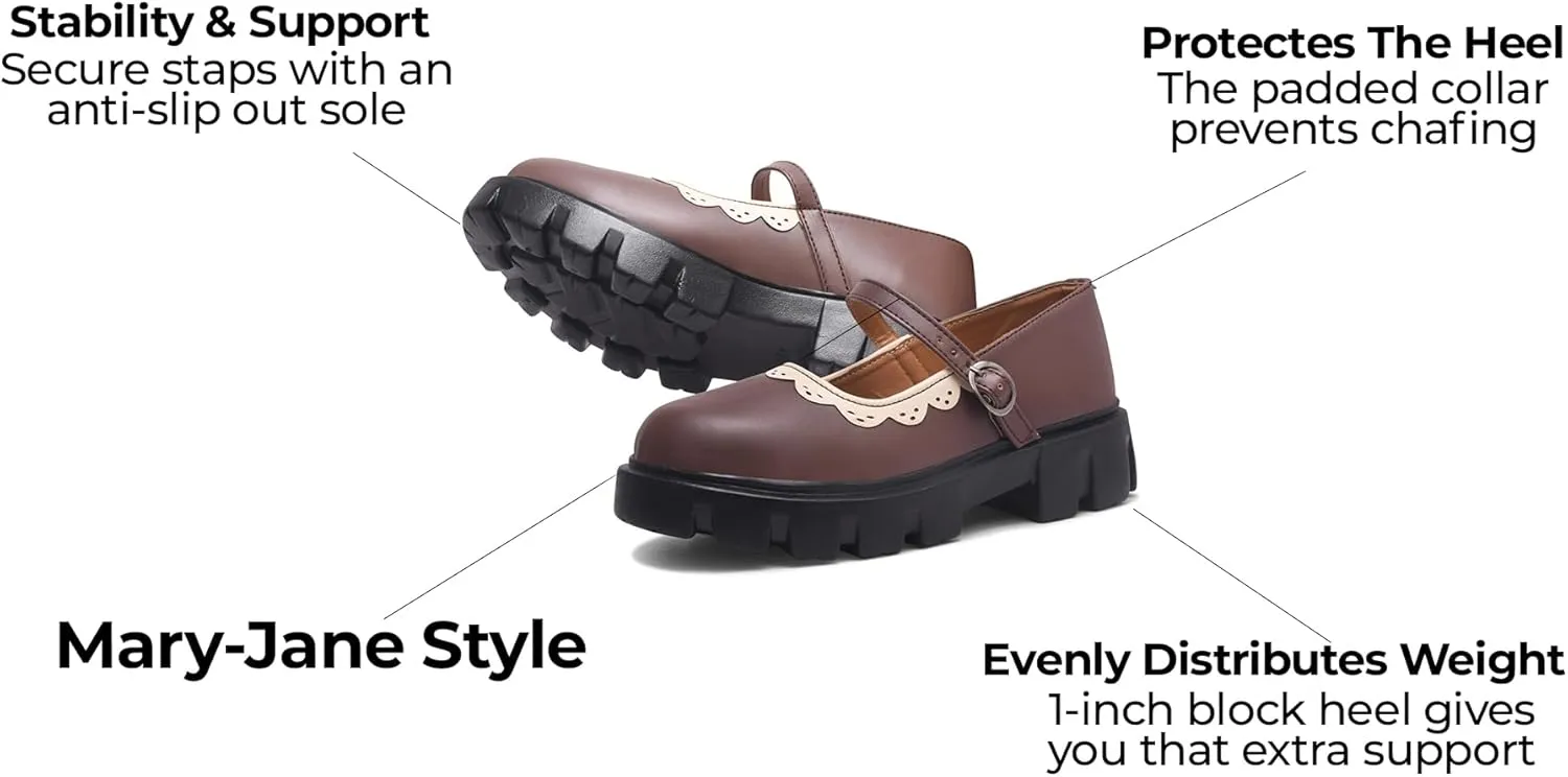 Women's Mary Janes Platform Dress Shoes – Low Heel Chunky Pumps with Round Toe, Ankle Strap, and Classic Oxford Design