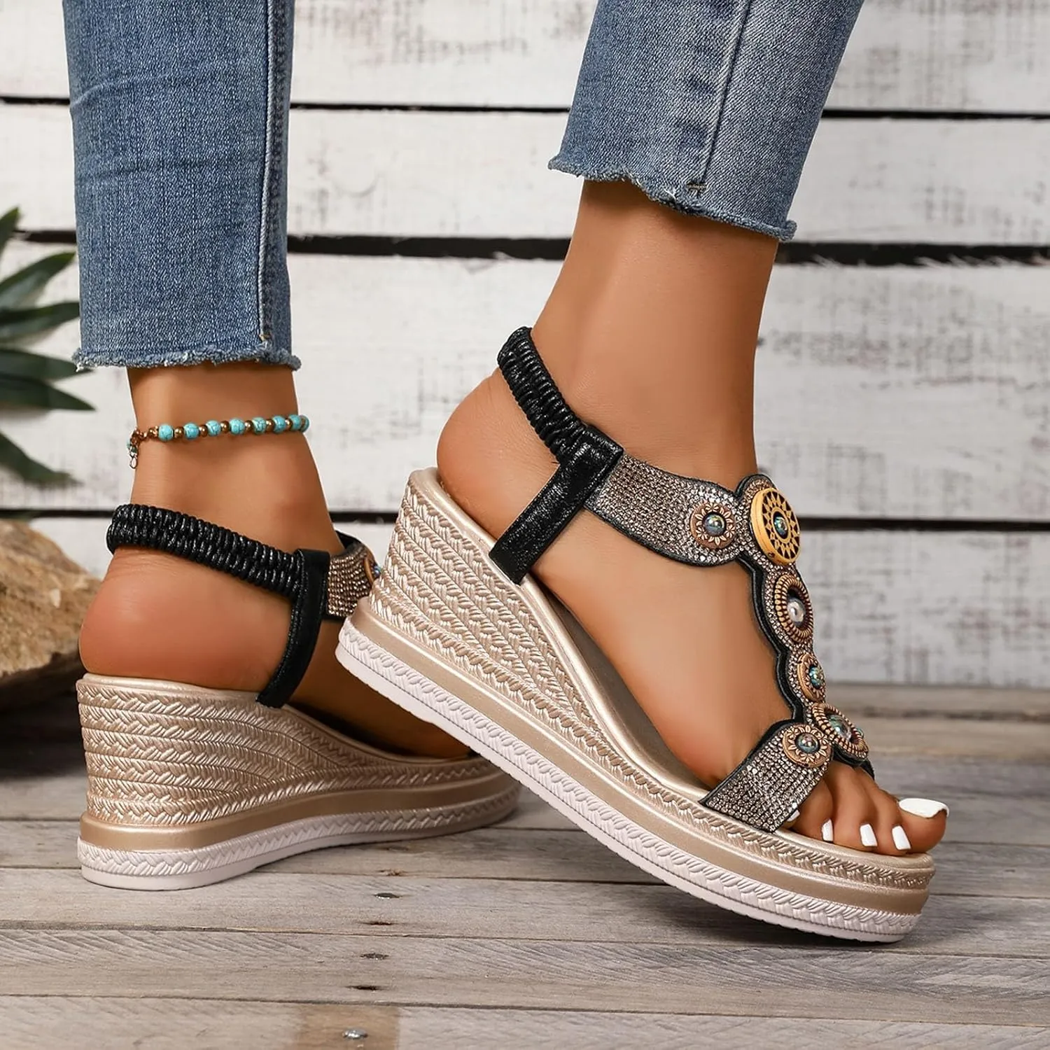 Women's Rhinestone High Heel Elastic Ankle Sandals Open Toe Espadrilles Platform Slides Dressy High Heel Beach Summer Sandals Summer Fashionable Comfortable Orthopedic Slip On Sandal
