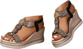 Women's Rhinestone High Heel Elastic Ankle Sandals Open Toe Espadrilles Platform Slides Dressy High Heel Beach Summer Sandals Summer Fashionable Comfortable Orthopedic Slip On Sandal
