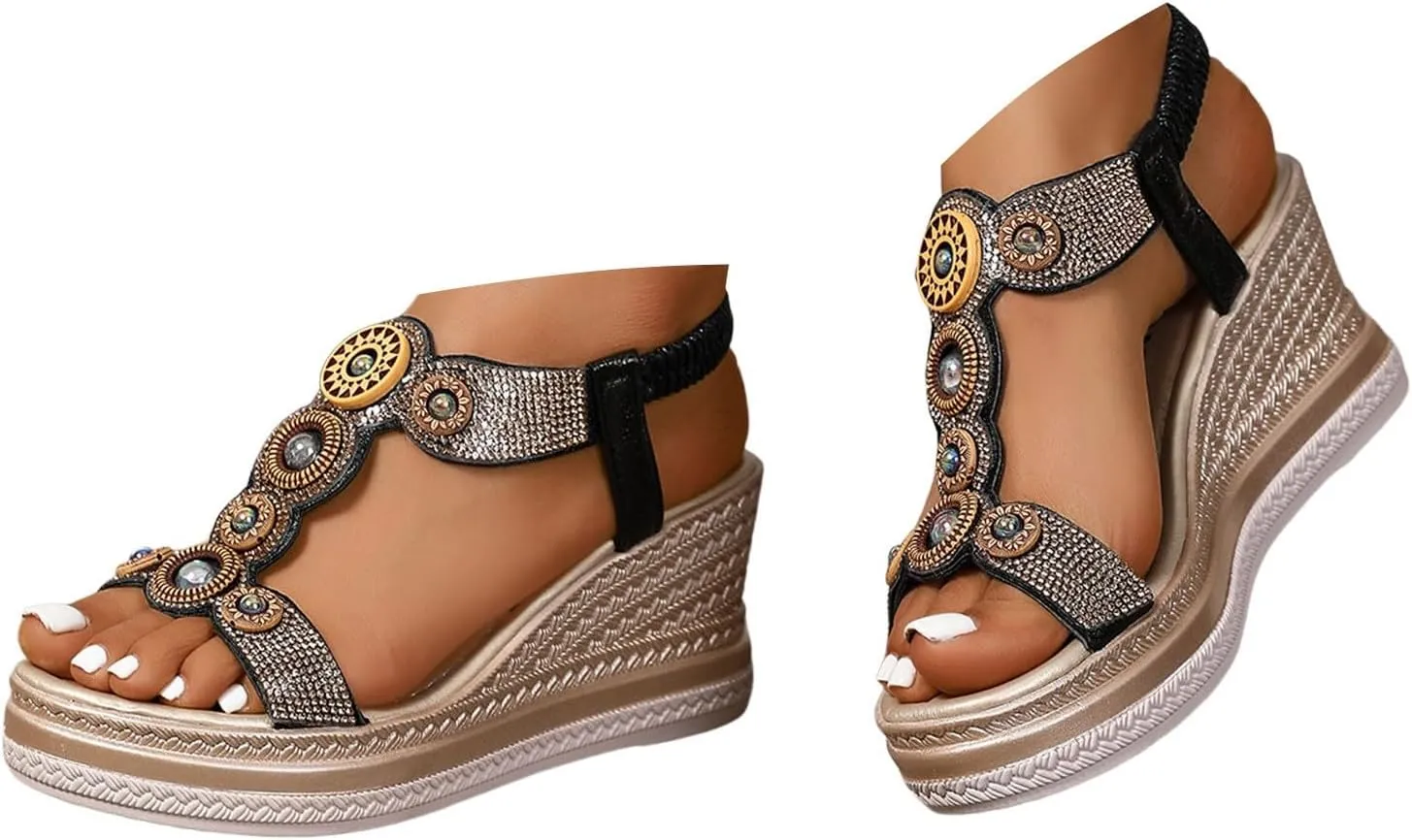 Women's Rhinestone High Heel Elastic Ankle Sandals Open Toe Espadrilles Platform Slides Dressy High Heel Beach Summer Sandals Summer Fashionable Comfortable Orthopedic Slip On Sandal
