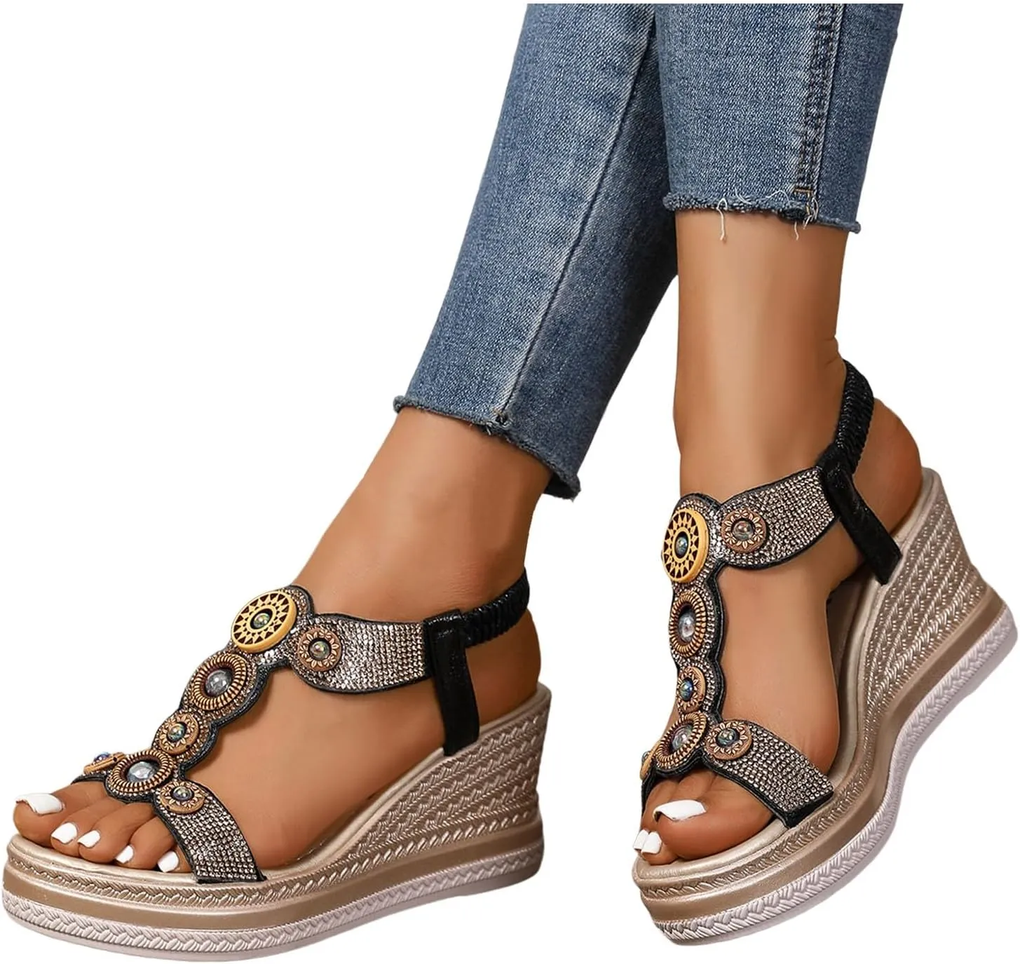 Women's Rhinestone High Heel Elastic Ankle Sandals Open Toe Espadrilles Platform Slides Dressy High Heel Beach Summer Sandals Summer Fashionable Comfortable Orthopedic Slip On Sandal