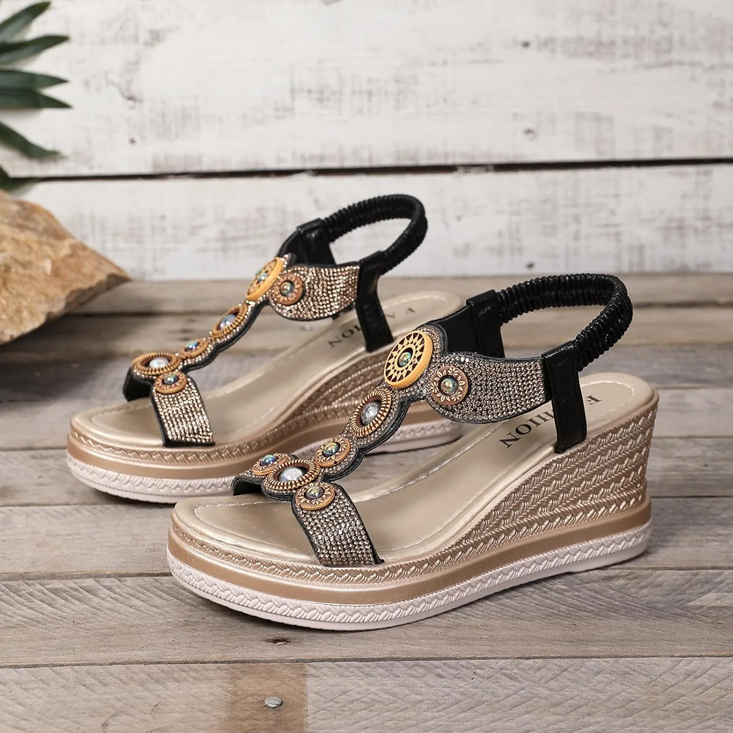 Women's Rhinestone High Heel Elastic Ankle Sandals Open Toe Espadrilles Platform Slides Dressy High Heel Beach Summer Sandals Summer Fashionable Comfortable Orthopedic Slip On Sandal