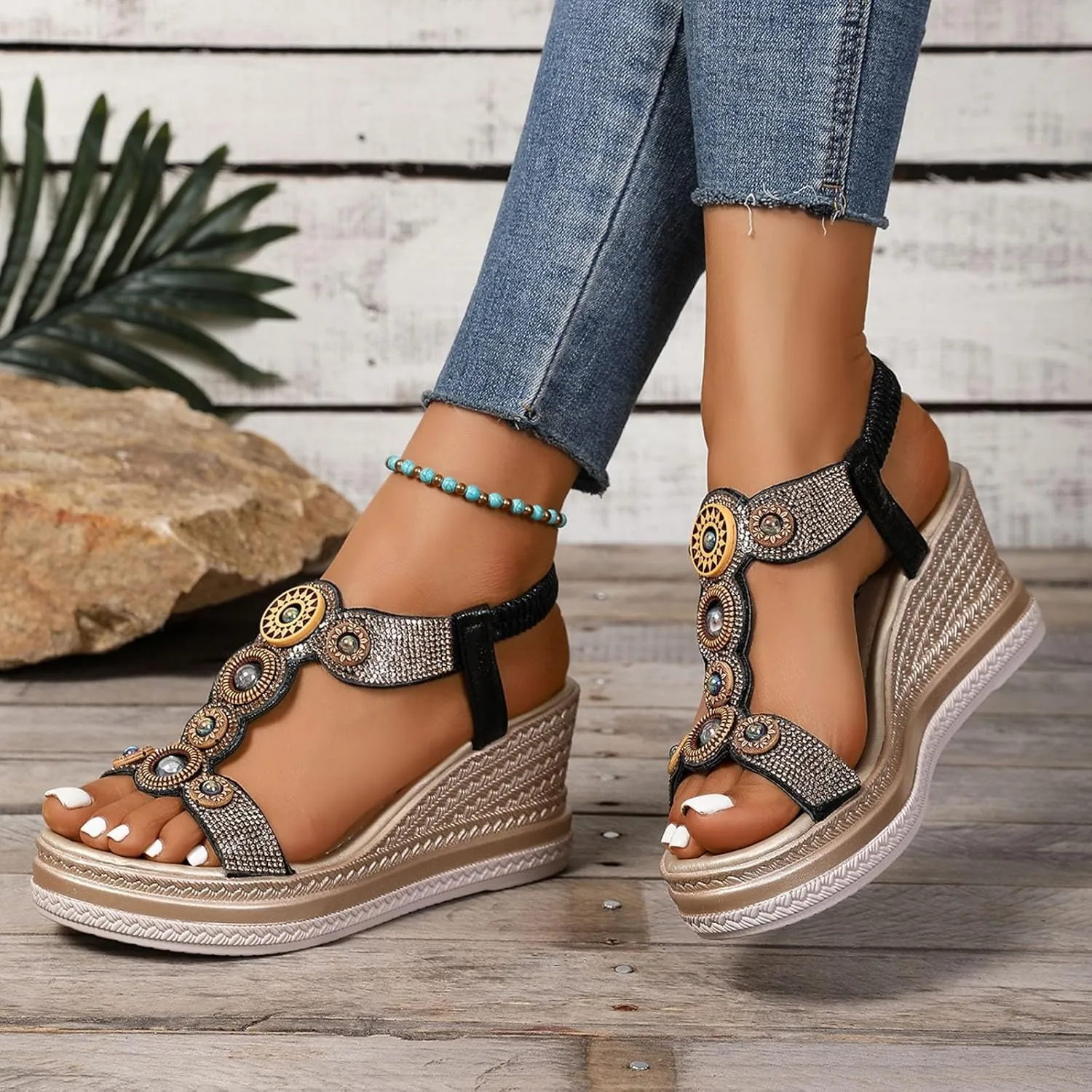 Women's Rhinestone High Heel Elastic Ankle Sandals Open Toe Espadrilles Platform Slides Dressy High Heel Beach Summer Sandals Summer Fashionable Comfortable Orthopedic Slip On Sandal