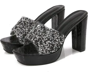 Women's Rhinestone Sexy Platform Chunky Heel Mules Fashionable Square Head Open Toe Slip On Wedding High Heel Sandals Suitable for Party Dance High Heel Sandals