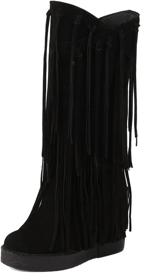 Women's Tassel Wedges Heel Long Boots Fringe Wide Calf Snow Boots