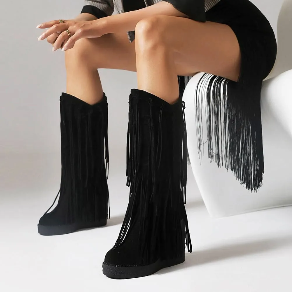 Women's Tassel Wedges Heel Long Boots Fringe Wide Calf Snow Boots
