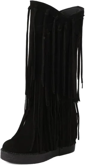 Women's Tassel Wedges Heel Long Boots Fringe Wide Calf Snow Boots