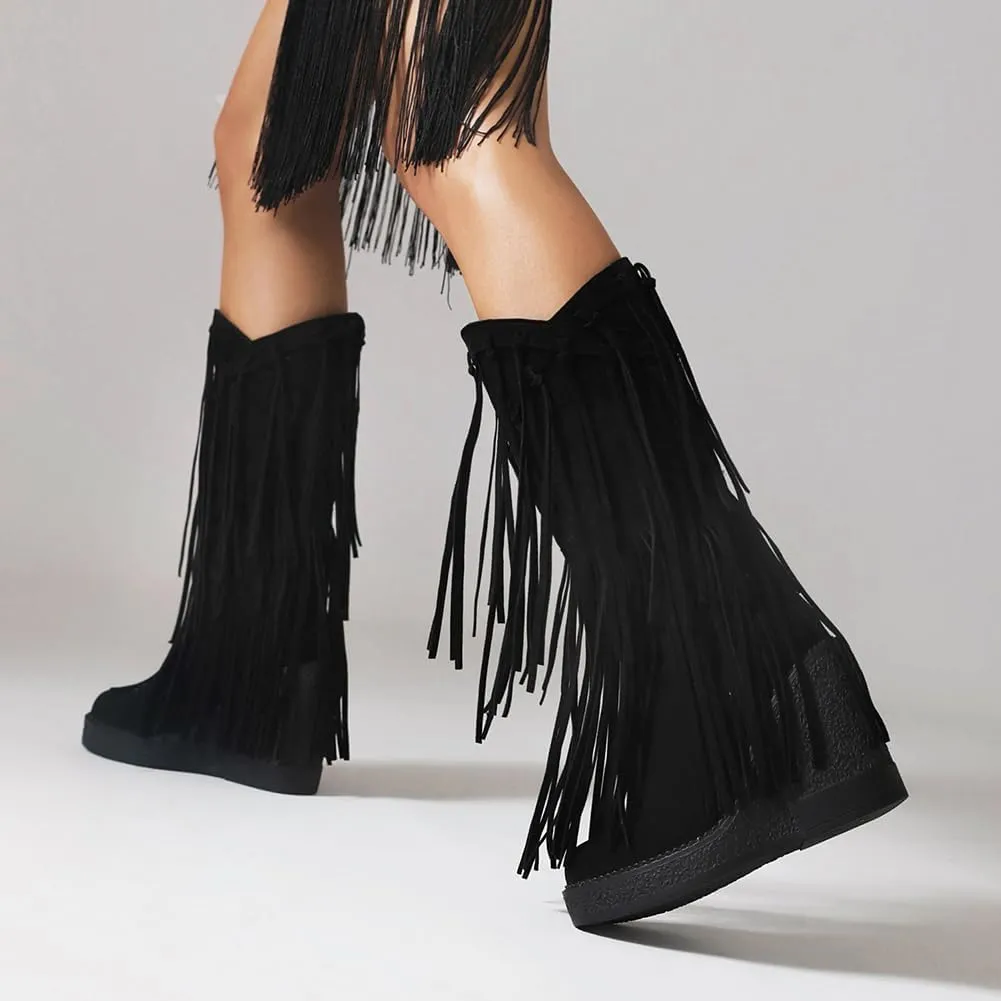 Women's Tassel Wedges Heel Long Boots Fringe Wide Calf Snow Boots