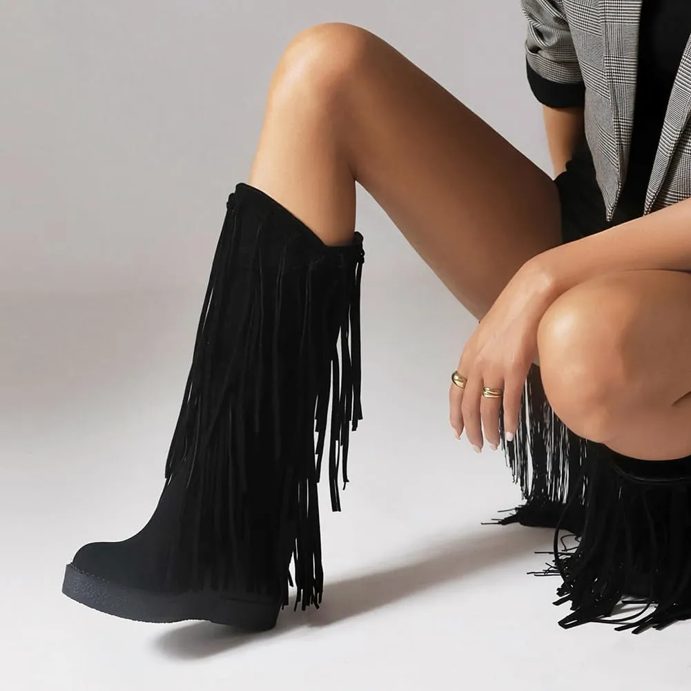 Women's Tassel Wedges Heel Long Boots Fringe Wide Calf Snow Boots