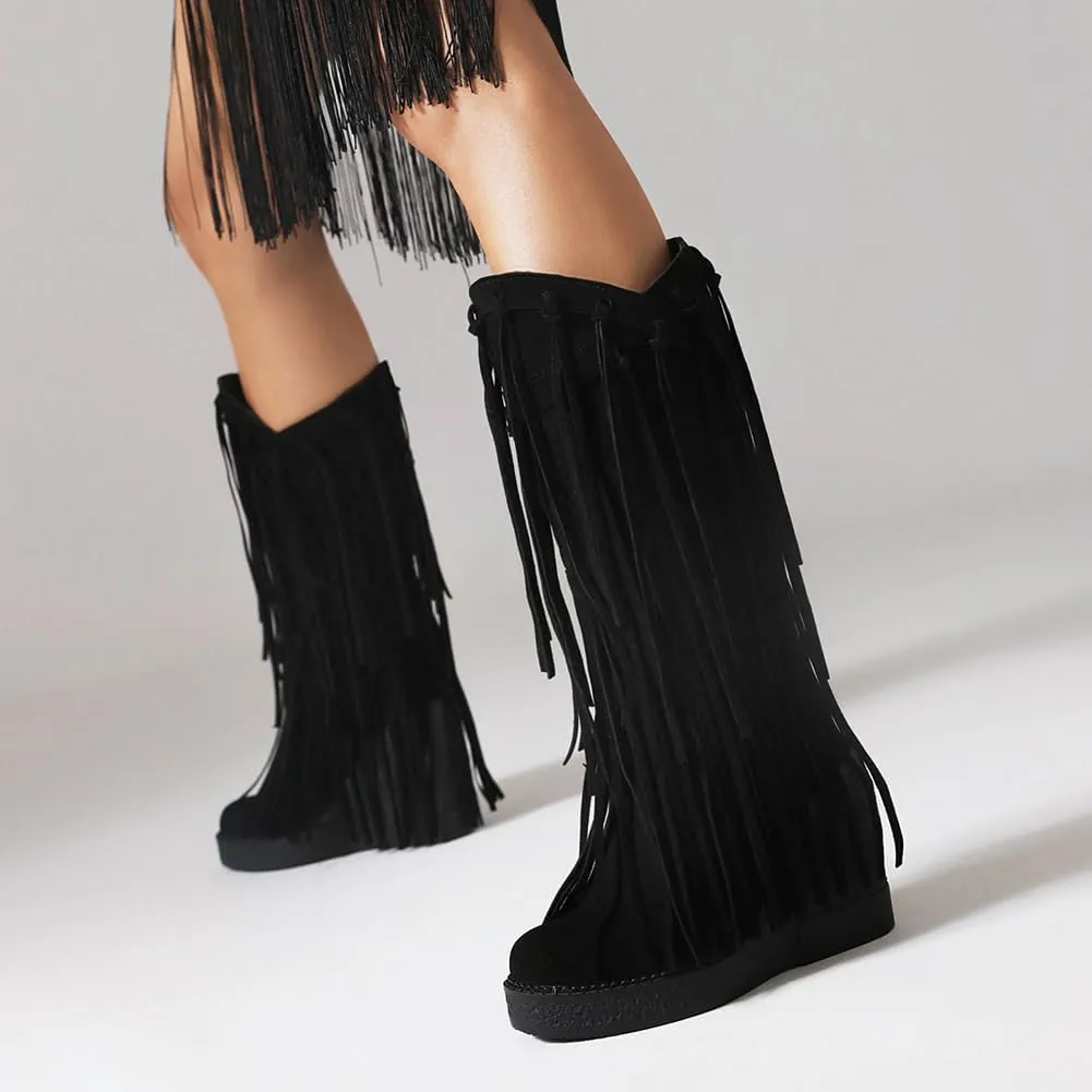 Women's Tassel Wedges Heel Long Boots Fringe Wide Calf Snow Boots