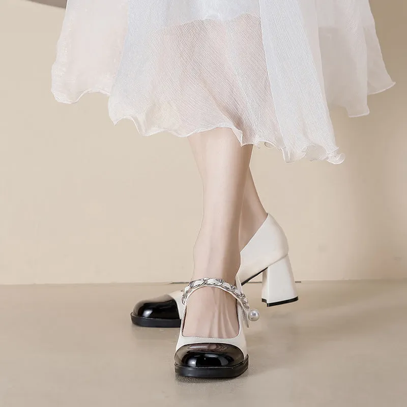 XIANGTUIBAO Style Retro Chunky Heel Mary Jane Shoes Classic Style Color Matching Patent Leather Pearl Chunky Heel Pumps High Heels for Women
