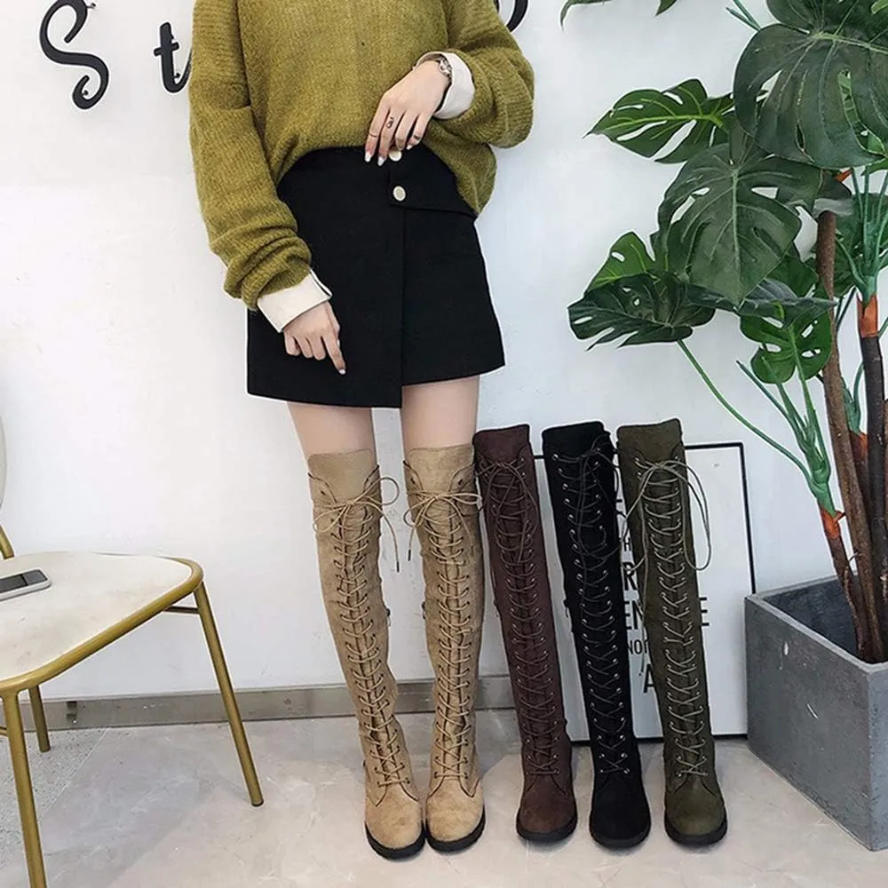 YSMIIH Women Winter Over Knee Long Boots Fashion Knee High Booties PU Round Toe Full Lace-up Comfortable Long Flat Low Heel Shoes