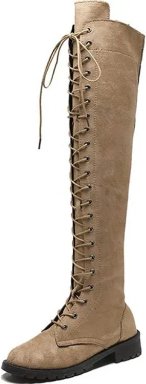YSMIIH Women Winter Over Knee Long Boots Fashion Knee High Booties PU Round Toe Full Lace-up Comfortable Long Flat Low Heel Shoes