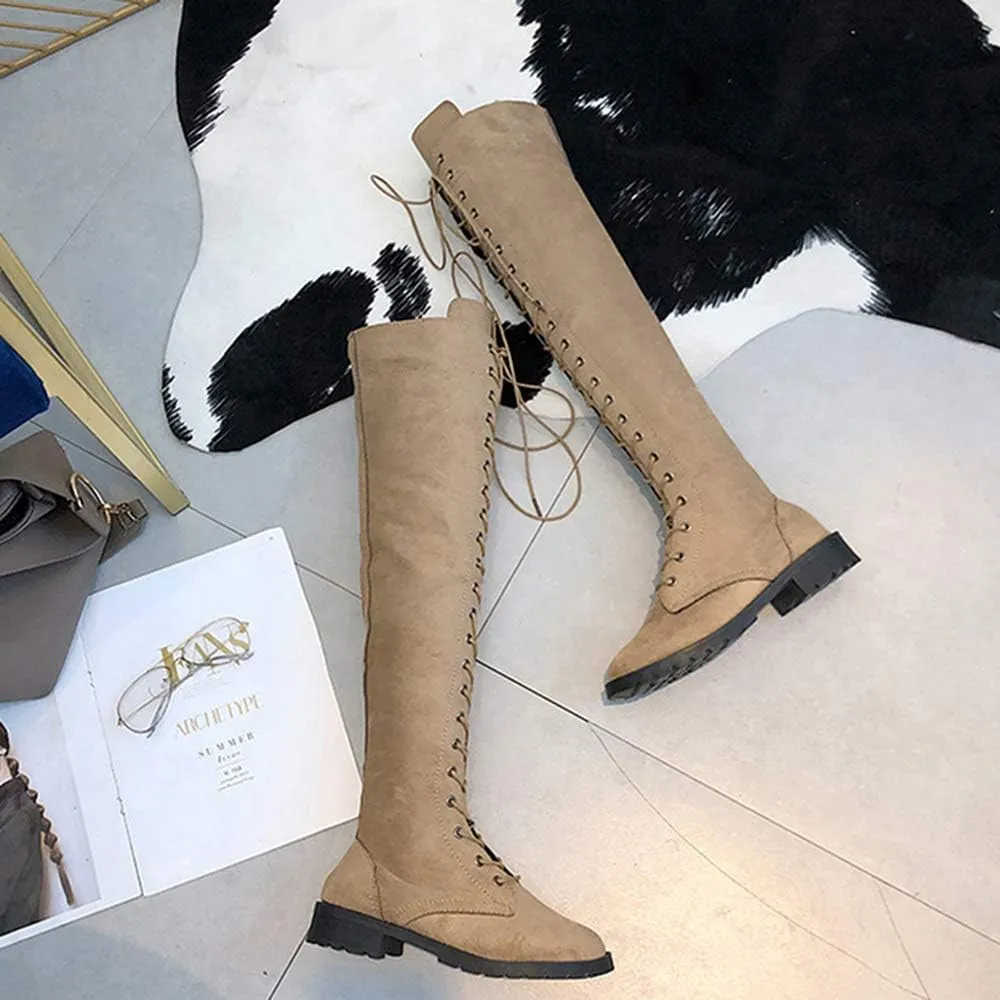 YSMIIH Women Winter Over Knee Long Boots Fashion Knee High Booties PU Round Toe Full Lace-up Comfortable Long Flat Low Heel Shoes