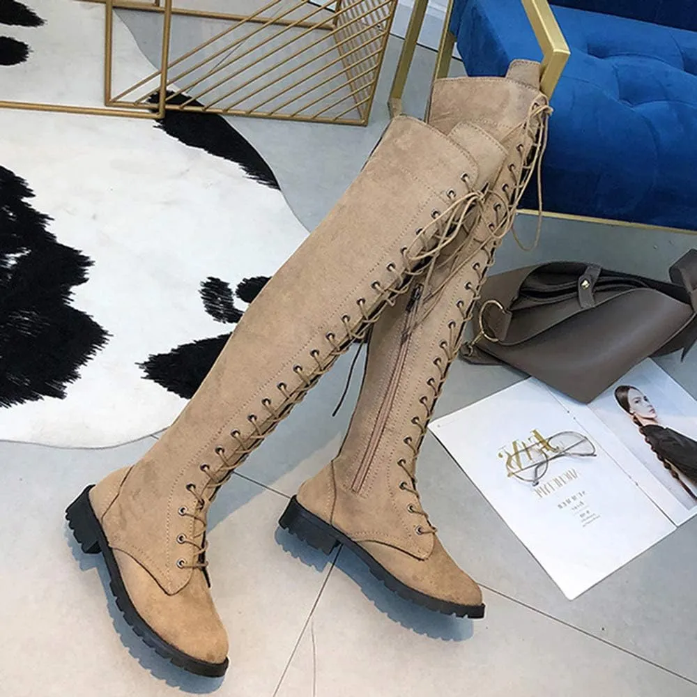 YSMIIH Women Winter Over Knee Long Boots Fashion Knee High Booties PU Round Toe Full Lace-up Comfortable Long Flat Low Heel Shoes