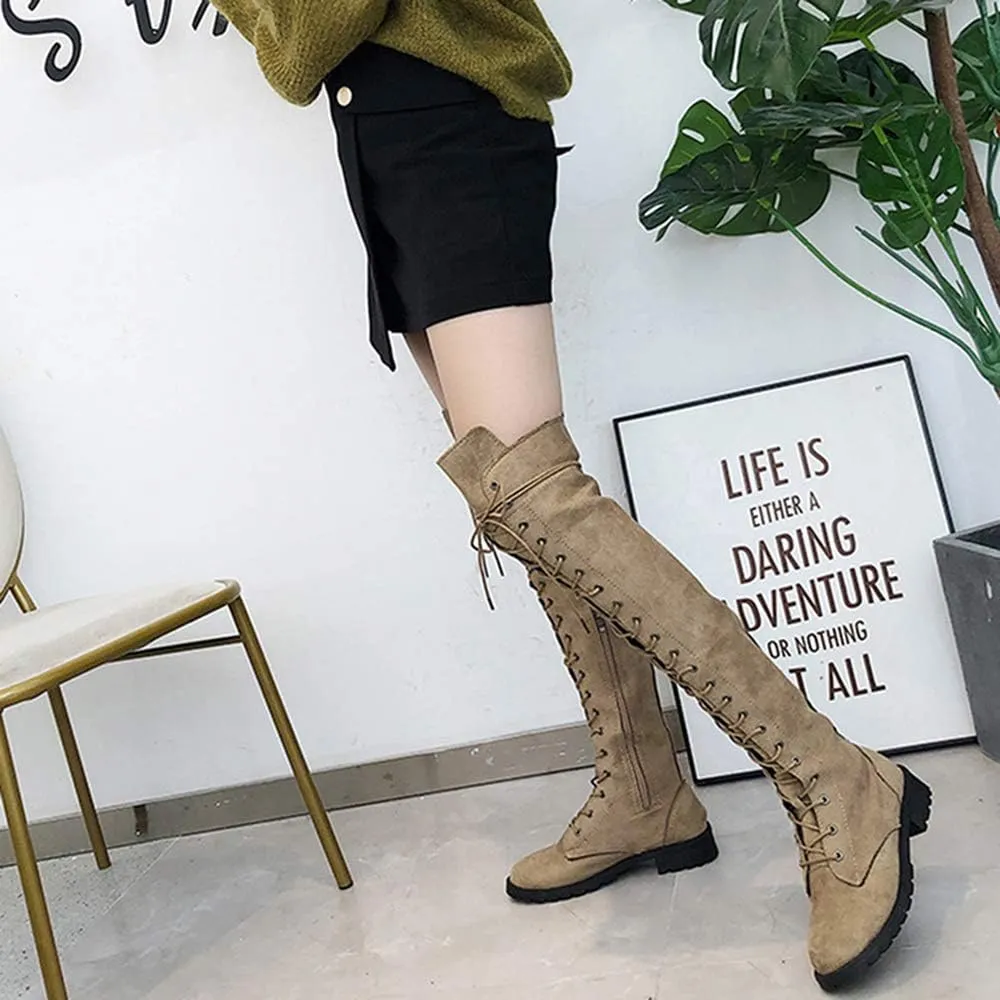 YSMIIH Women Winter Over Knee Long Boots Fashion Knee High Booties PU Round Toe Full Lace-up Comfortable Long Flat Low Heel Shoes