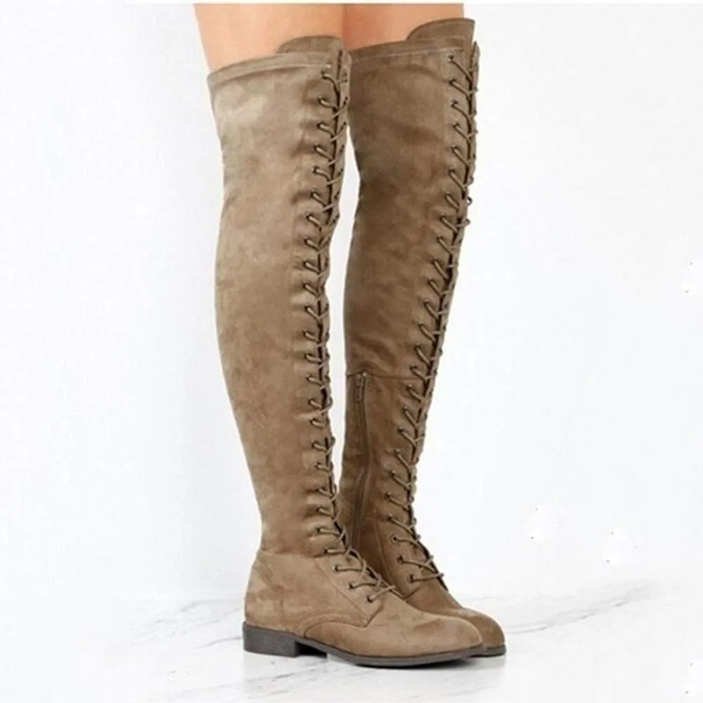 YSMIIH Women Winter Over Knee Long Boots Fashion Knee High Booties PU Round Toe Full Lace-up Comfortable Long Flat Low Heel Shoes