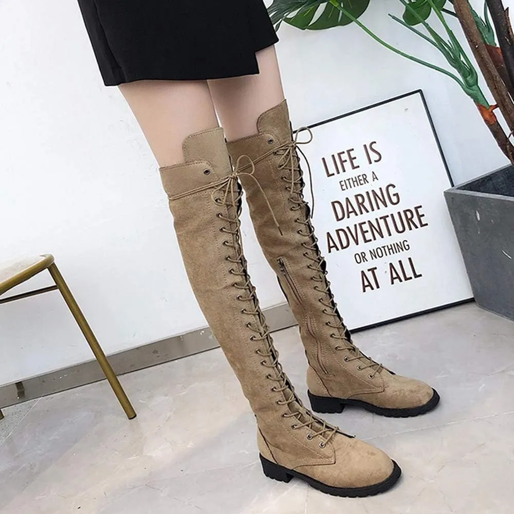 YSMIIH Women Winter Over Knee Long Boots Fashion Knee High Booties PU Round Toe Full Lace-up Comfortable Long Flat Low Heel Shoes