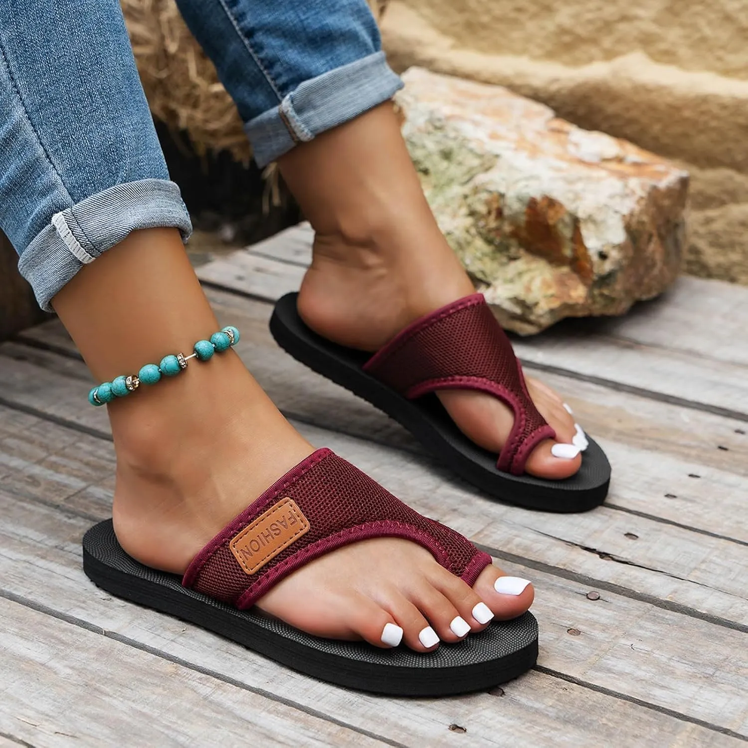 ZWRXW Womens Flip Flop,Soft Yoga Mat Comfortable Walking Thong Sandals,Breathable Lightweight Hollow Mesh Slide Sandals,Fasciitis Arch Support Slip On Flat Sandals,Vacation Beach Slippers Shoes